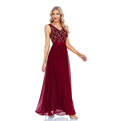 Double V Neck Sleeveless Sequined Chiffon Floor Length A Line Evening Dress Thirteen Party Dress