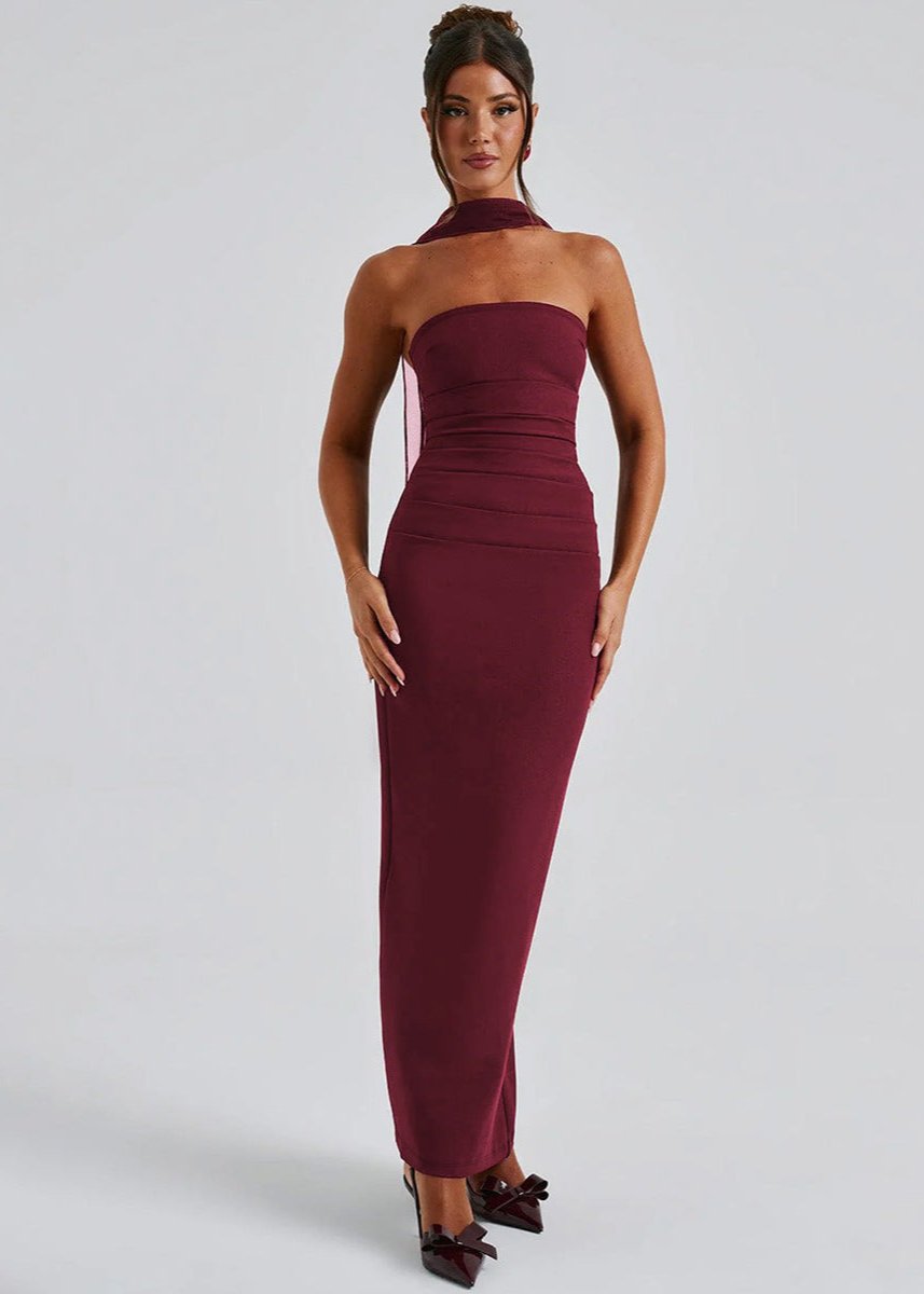 Strapless Horizontal Ruched Band Neck Scarf Detail Bodycon Maxi Dress