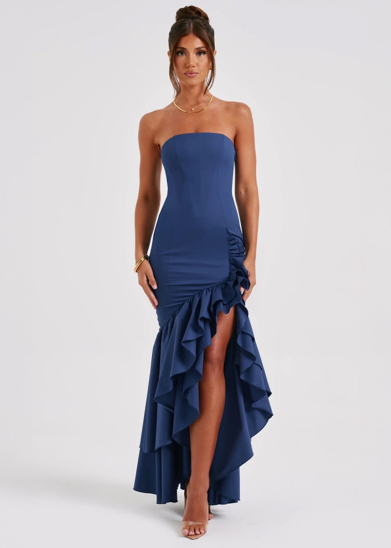 Strapless Straight Neck Cascading Tiered Ruffle High Low Maxi Gown