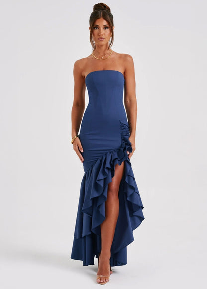 Strapless Straight Neck Cascading Tiered Ruffle High Low Maxi Gown