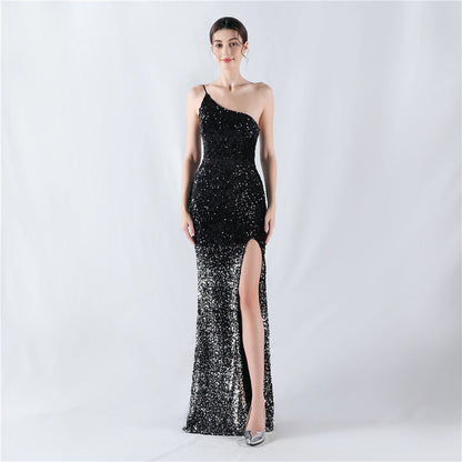 Dress Velvet Bottom Gradient Sequin High Fork Oblique Shoulder Evening Dress