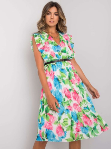 Large Floral Print Surplice V-Neck Ruffle Shoulder Pleated Belted Midi Dress