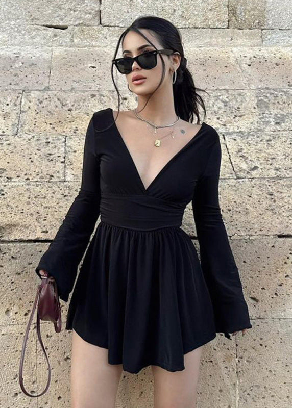Deep V Neck Bell Sleeve Ruched Waist Wrap Fit and Flare Mini Dress