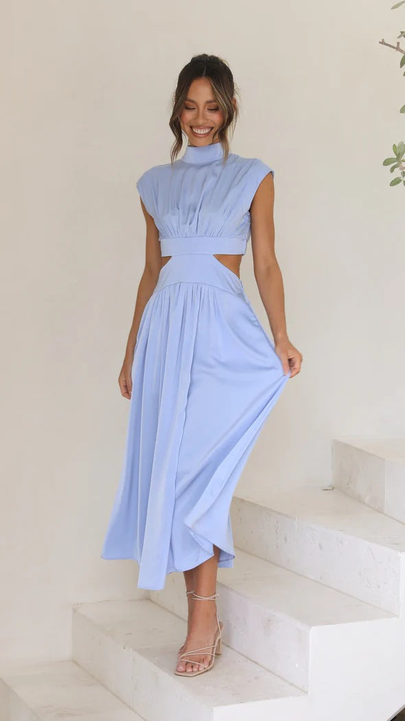 Mock Neck Cap Sleeve Pleated Bodice Waist Cutout Flared Midi Dress