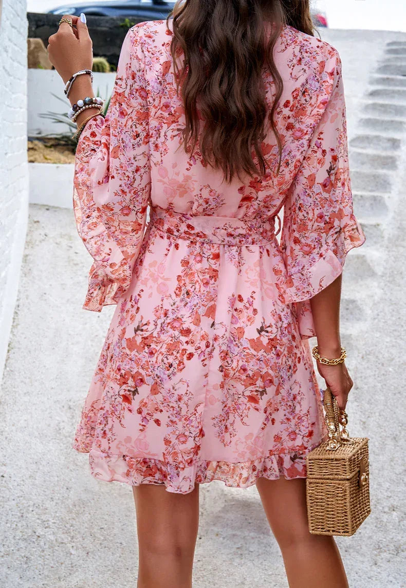 Ruffle Floral Wrap Mini Dress – Pink Bloom Edition