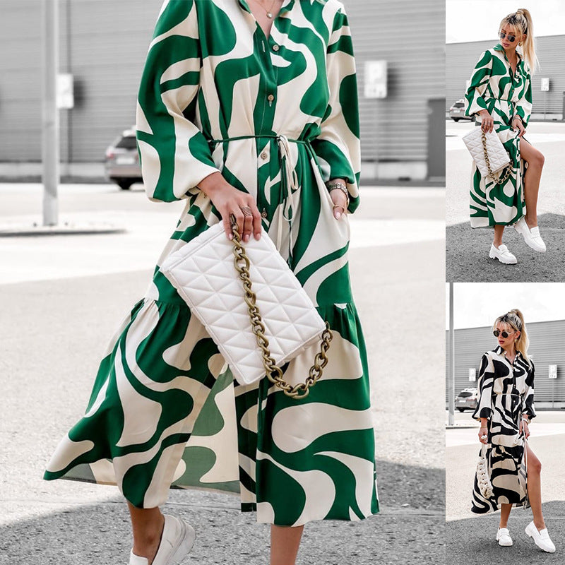 Printed Casual Lace up Shirt Dress Long Dress