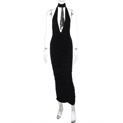 Solid Color Deep V Plunge neck Halter Backless Slim Fit Dress