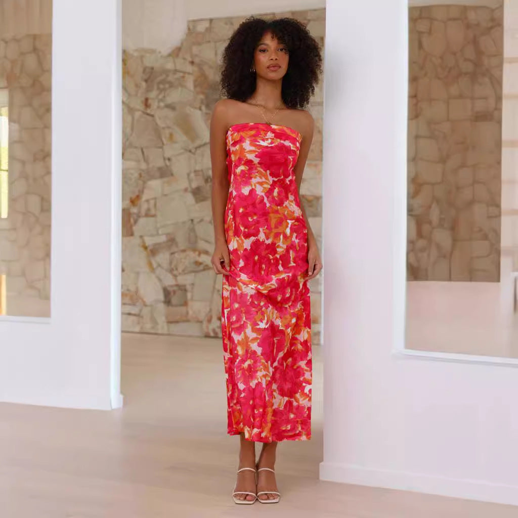 Strapless Painterly Floral Print Column Midi Dress