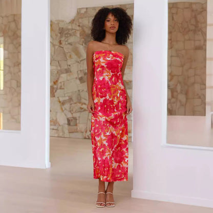 Strapless Painterly Floral Print Column Midi Dress