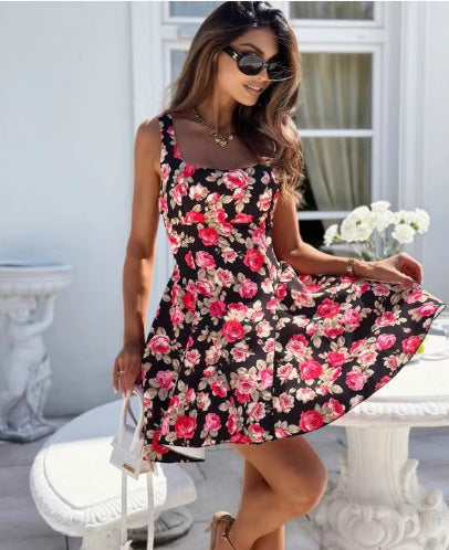 Tropical Botanical Print Square Neck Tie Back Open Back Fit and Flare Mini Dress