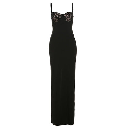 French Lace Splicing Sling Maxi Dress Slim