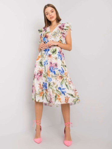 Large Floral Print Surplice V-Neck Ruffle Shoulder Pleated Belted Midi Dress