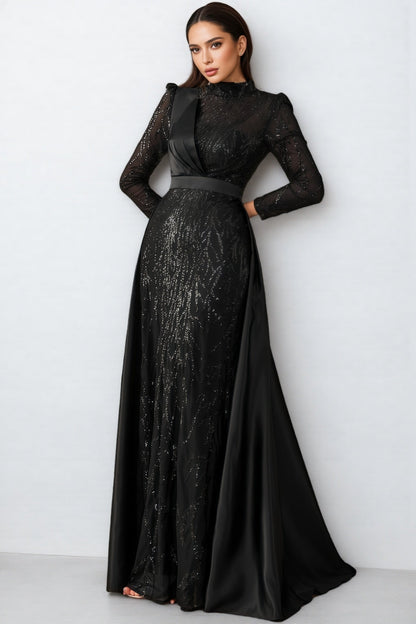 Moto Sequin Satin Long-Sleeved Maxi Dress