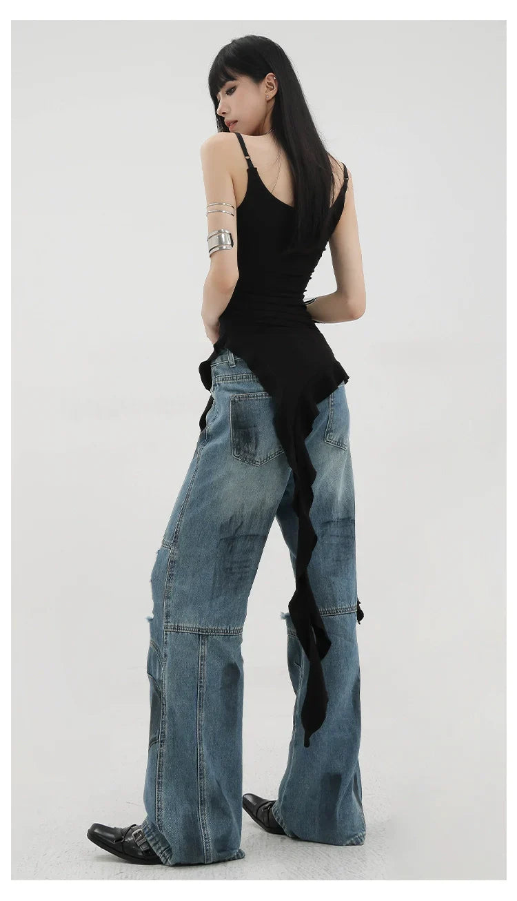 Black Asymmetric Ribbon Strap Tank Top With Ruffle Edge Design