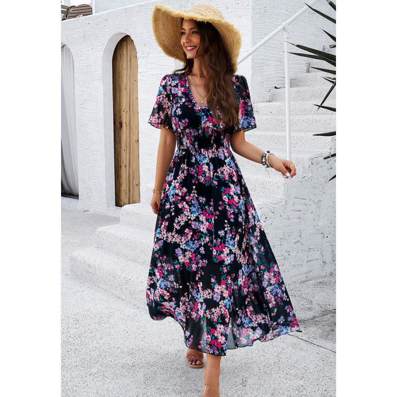 Floral Print V-Neck Smocked Waist Flutter Sleeve Maxi Dress