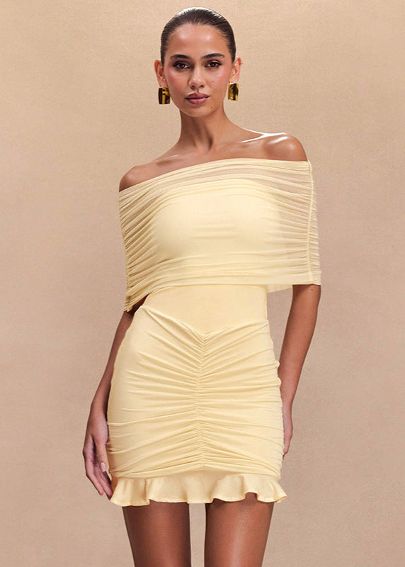 Off Shoulder Ruched Mesh Overlay Center Gather Flounce Hem Bodycon Mini Dress