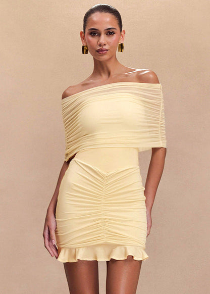 Off Shoulder Ruched Mesh Overlay Center Gather Flounce Hem Bodycon Mini Dress