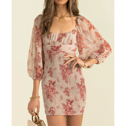 Emberly Linen Floral Puff Sleeve Mini Dress - Ivory Multi