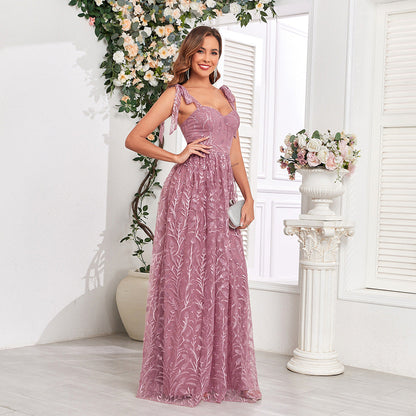 Embroidery Pattern Tied V neck U Back Zipper Large A Hem Full Lining Party Evening Dress
