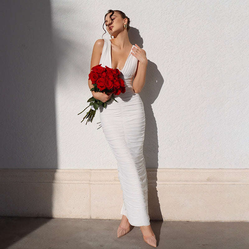 Dress High Grade White Dress Waist Slimming Deep V Plunge Bandage Dress