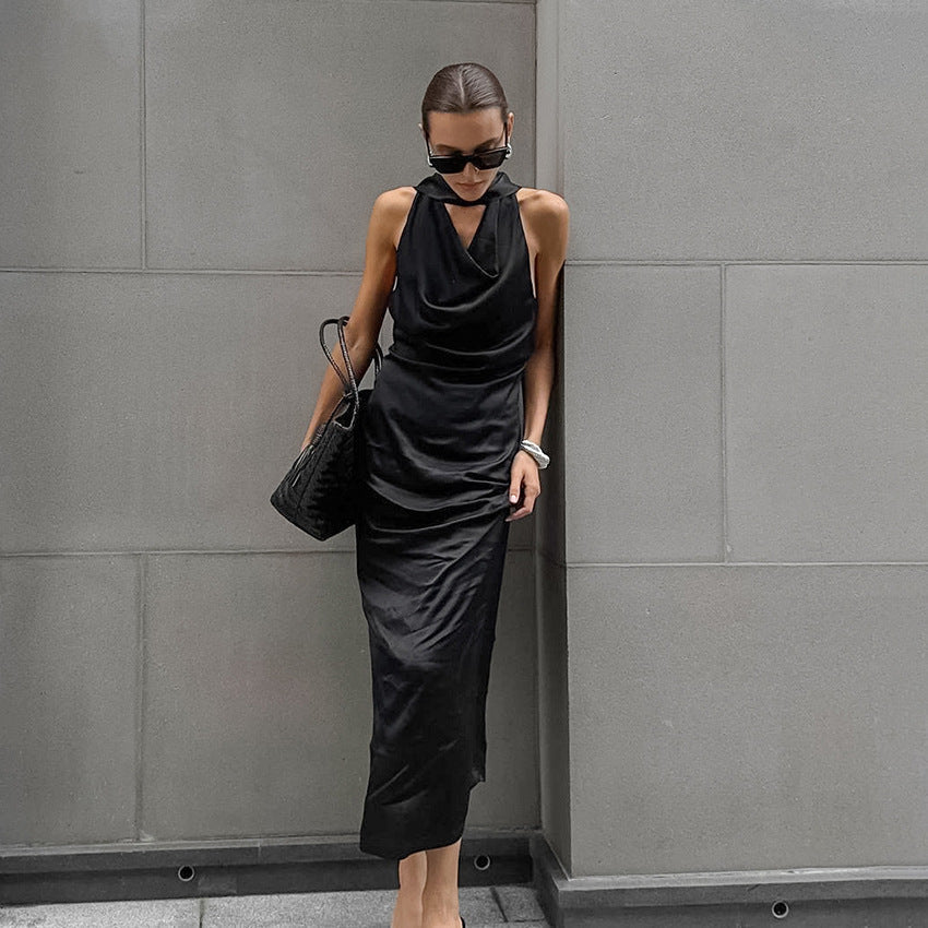 Design Black Thin Soft Matte Satin Swing Collar off Shoulder Elegant Dress Self Tie