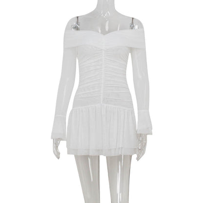 off Neck Long Sleeve High Waist Slimming Pleating A Line Solid Color Dress