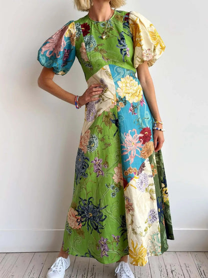 Floral patchwork linen puff sleeve maxi dress