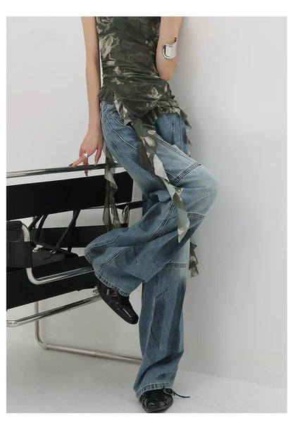 Vintage Distressed And Dirt-Dyed Patchwork Wide-Leg Jeans