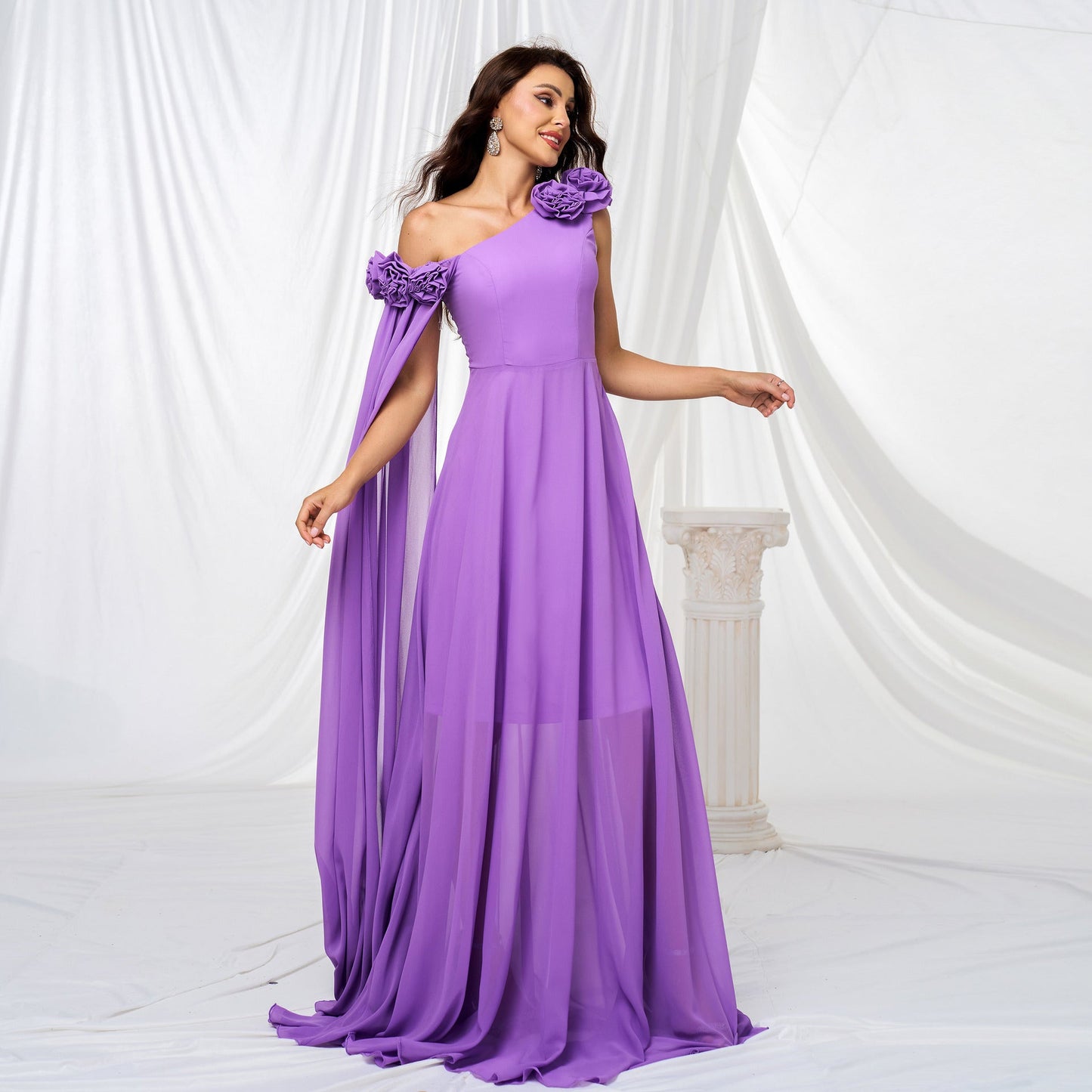 One Shoulder Diagonal Collar Long Cocktail Evening Dress Bridesmaid Dress Waist-Controlled Large Hem