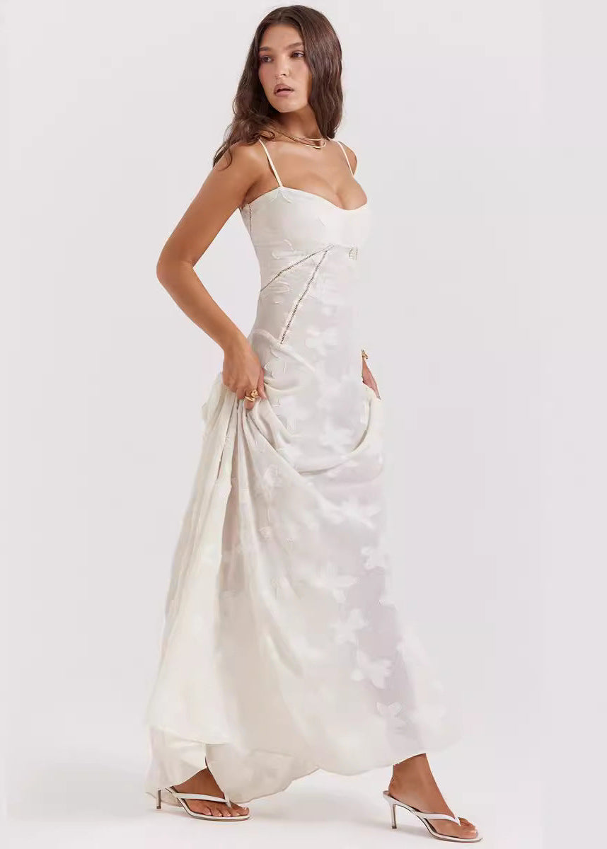 Spaghetti Strap Butterfly Jacquard Burnout Tiered Maxi Dress