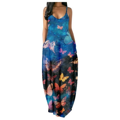 Butterfly Print Spaghetti Strap V-Neck Pocket Maxi Dress