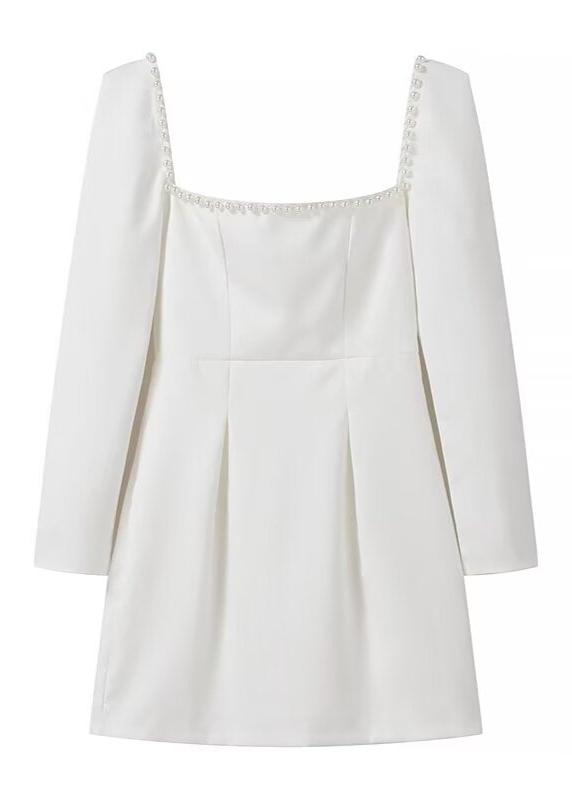Pearl Trim Square Neck Long Sleeve Fit and Flare Mini Dress