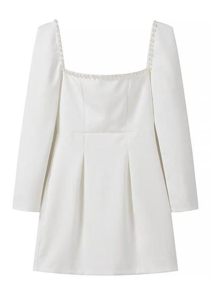 Pearl Trim Square Neck Long Sleeve Fit and Flare Mini Dress