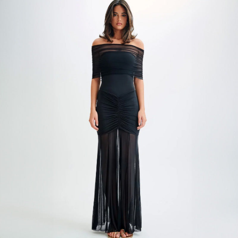 black off shoulder mesh ruched maxi dress women