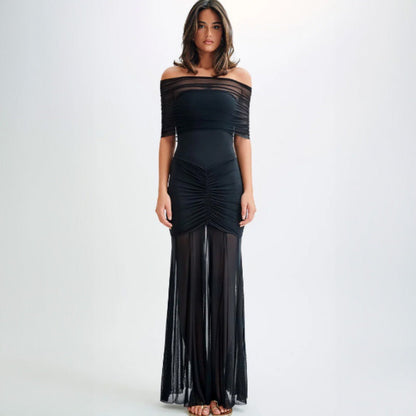 black off shoulder mesh ruched maxi dress women