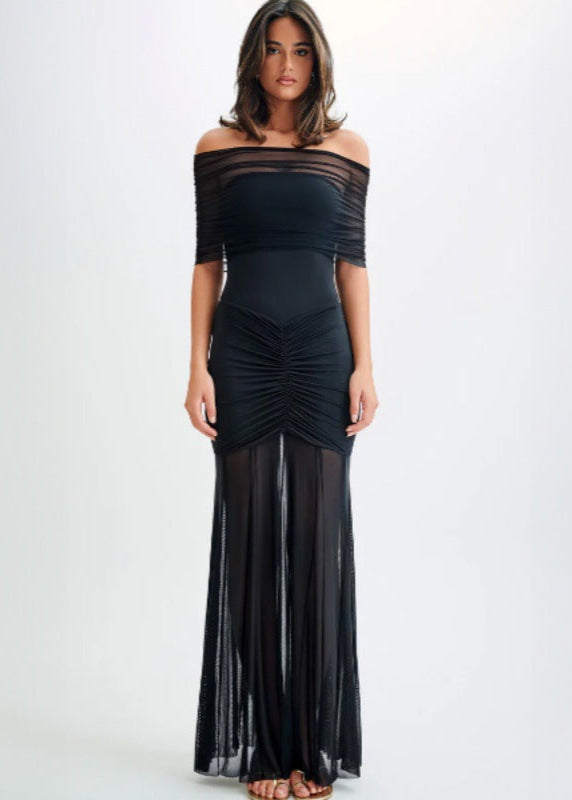 Off-Shoulder Ruched Mesh Overlay Pleated Sheer Skirt Bodycon Maxi Gown