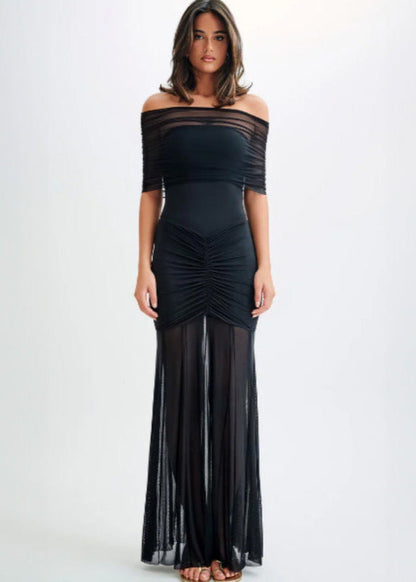Off-Shoulder Ruched Mesh Overlay Pleated Sheer Skirt Bodycon Maxi Gown