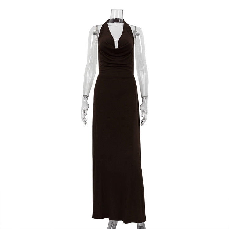 Halter Cowl Neck Open Back Draped Satin Column Maxi Dress