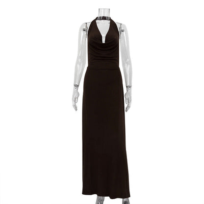 Halter Cowl Neck Open Back Draped Satin Column Maxi Dress