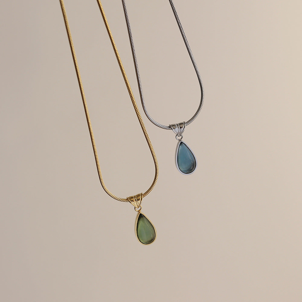 Aqua Teardrop Pendant Titanium Steel Gold Plated Necklace
