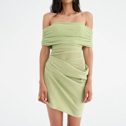 Mesh Stitching off Neck Transparent Slim Fit Sheath Dress