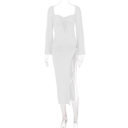Long Sleeve Lace Up Slim Fit Backless Hollow Out Cutout Split Dress