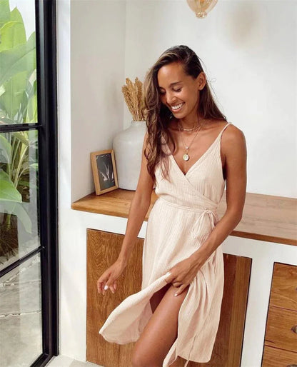 Pure cotton wrap midi slit dress