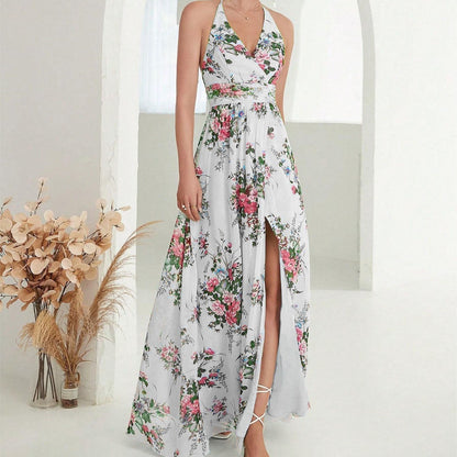 Floral Print Halter Neck Wrap Bodice Pleated Waist High Slit Maxi Dress