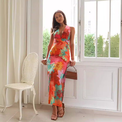 Halter Plunging V Neck Painterly Floral Maxi Dress