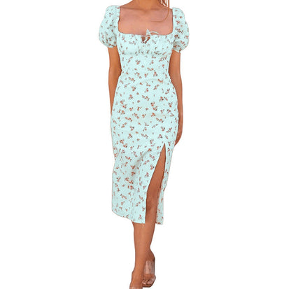 Ditsy Floral Print Square Neck Puff Sleeve Keyhole Tie Thigh-Slit Midi Dress