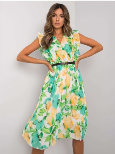 Large Floral Print Surplice V-Neck Ruffle Shoulder Pleated Belted Midi Dress