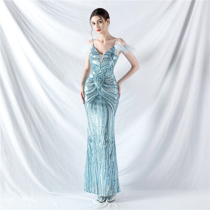 Dress Craft Order Ostrich Feather Positioning Floral Sequin Evening Dress