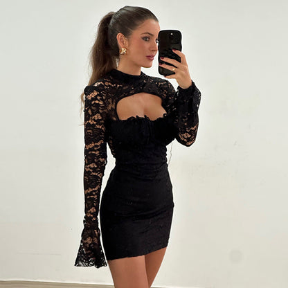 Lace Stitching Chest Hollow Out Cutout Flared Sleeve Waist Hip dress
