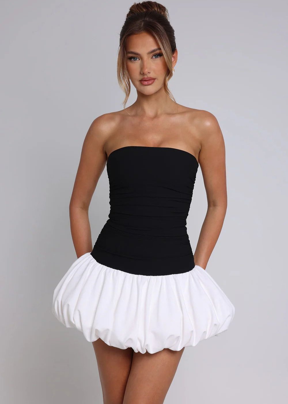 Strapless Ruched Bodice Drop Waist Bubble Hem Pocket Mini Dress